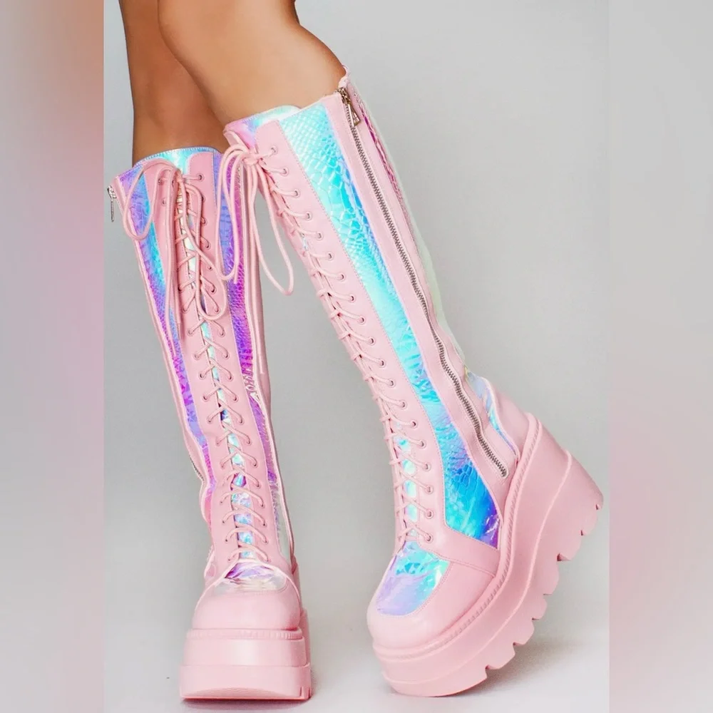 LASR Pink Poison Iridescent Platform Knee-High Lace-Up Platform Boot
